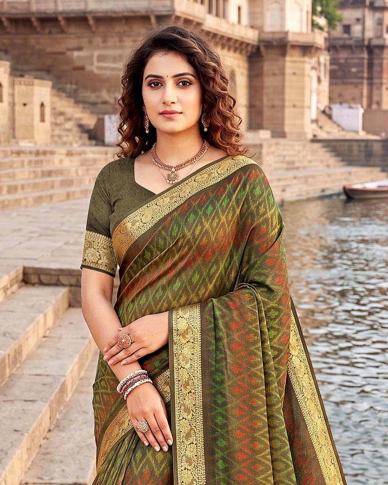Vishal Prints Multi Green Digital Print Criva Moss Saree With Zari Weaving