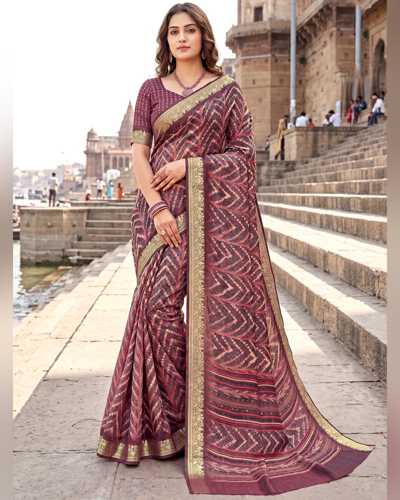 Vishal Prints Brownish Purple Digital Print Criva Moss Saree With Zari Weaving