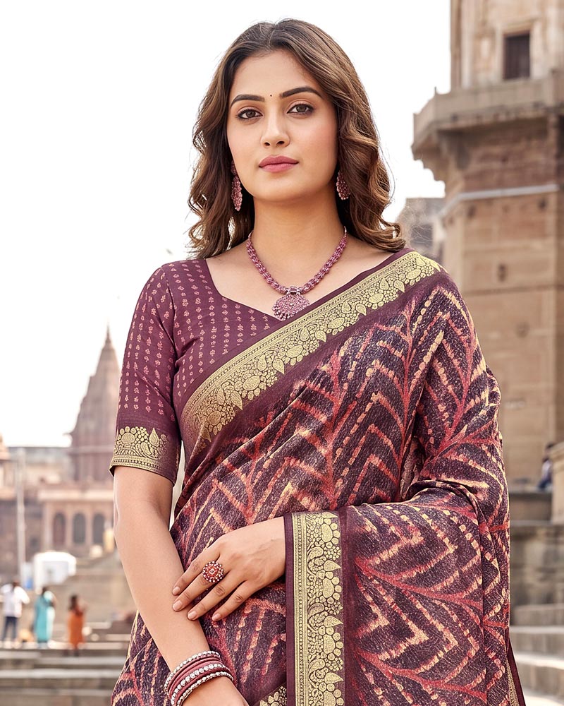 Vishal Prints Brownish Purple Digital Print Criva Moss Saree With Zari Weaving