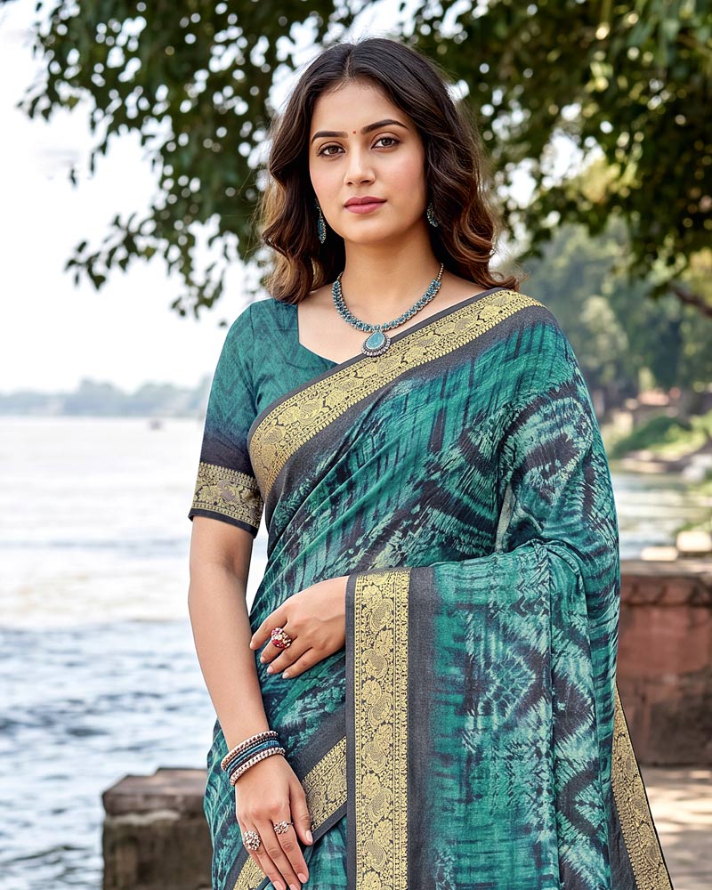 Vishal Prints Dusty Teal Green Digital Print Criva Moss Saree With Zari Weaving