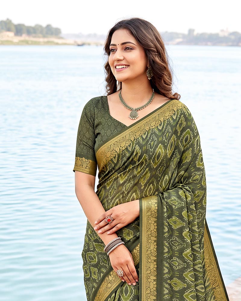 Vishal Prints Dark Finch Green Digital Print Criva Moss Saree With Zari Weaving