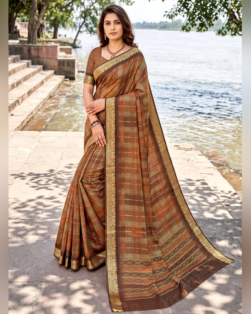 Vishal Prints Rusty Brown Digital Print Criva Moss Saree With Zari Weaving