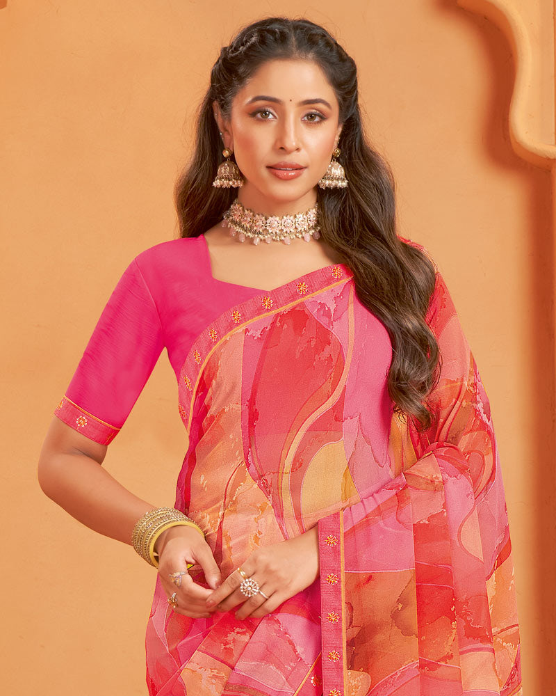 Vishal Prints Light Carmine Pink And Orange Digital Print Georgette Saree With Fancy Border