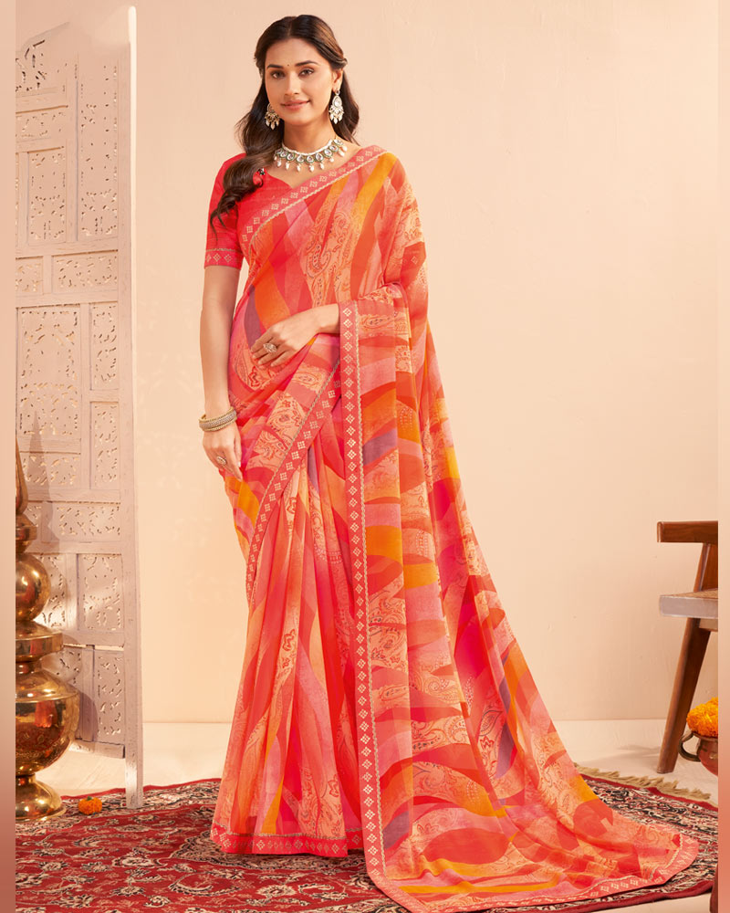 Vishal Prints Light Tomato Red Digital Print Georgette Saree With Fancy Embroidery Border