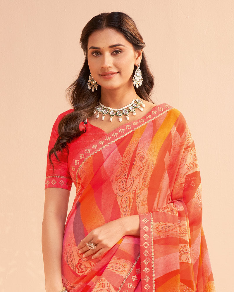 Vishal Prints Light Tomato Red Digital Print Georgette Saree With Fancy Embroidery Border