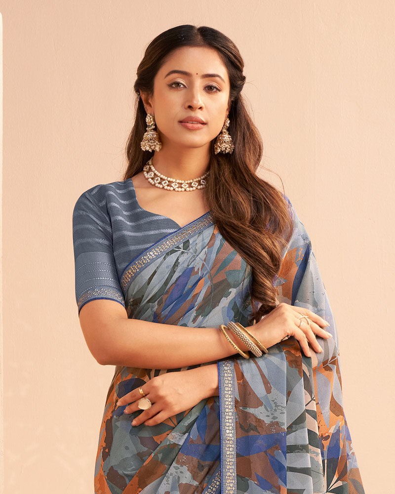 Vishal Prints Bluish Grey Digital Print Georgette Saree With Fancy Embroidery Border