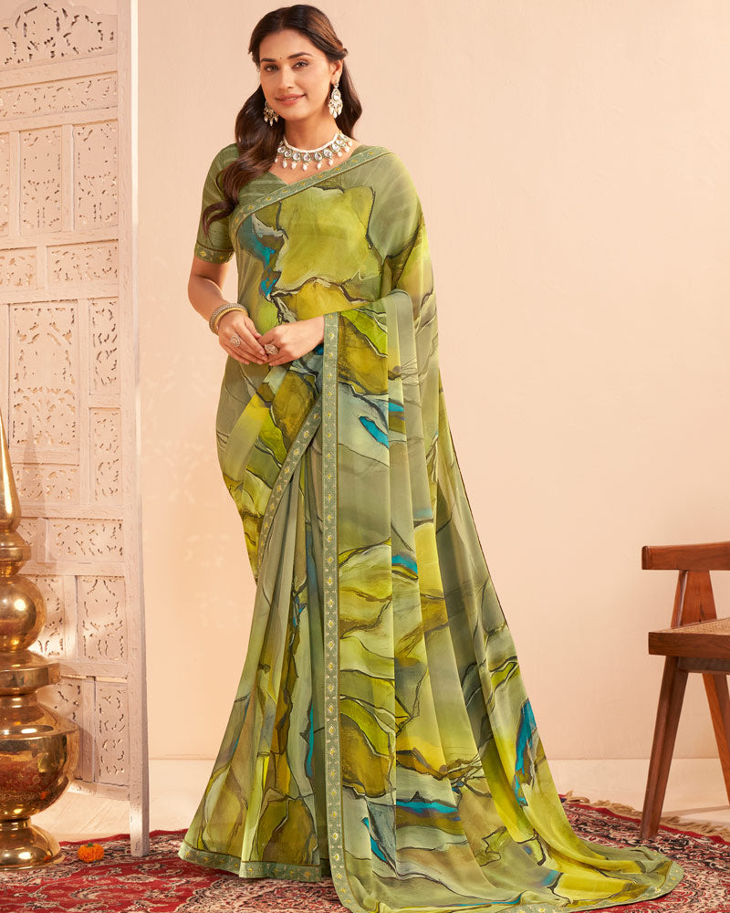 Vishal Prints Pale Green Digital Print Georgette Saree With Fancy Embroidery Border