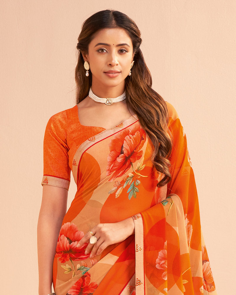 Vishal Prints Bright Orange Digital Print Georgette Saree With Fancy Embroidery Border