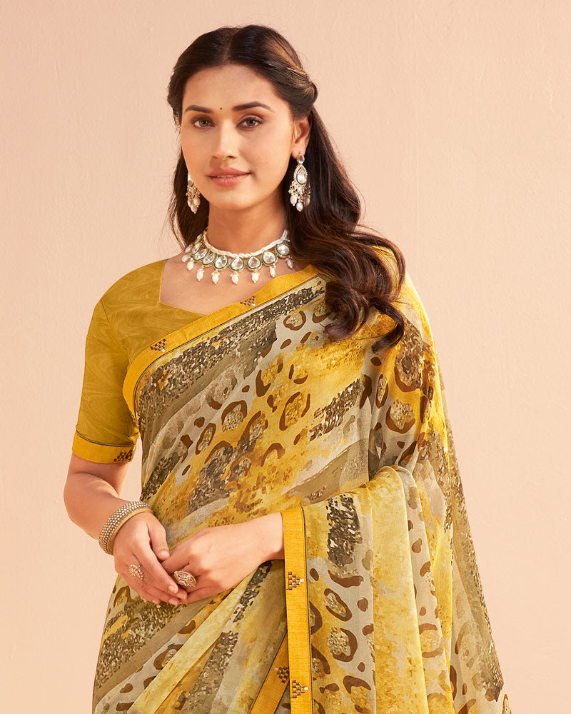 Vishal Prints Pale Yellow Digital Print Georgette Saree With Fancy Embroidery Border