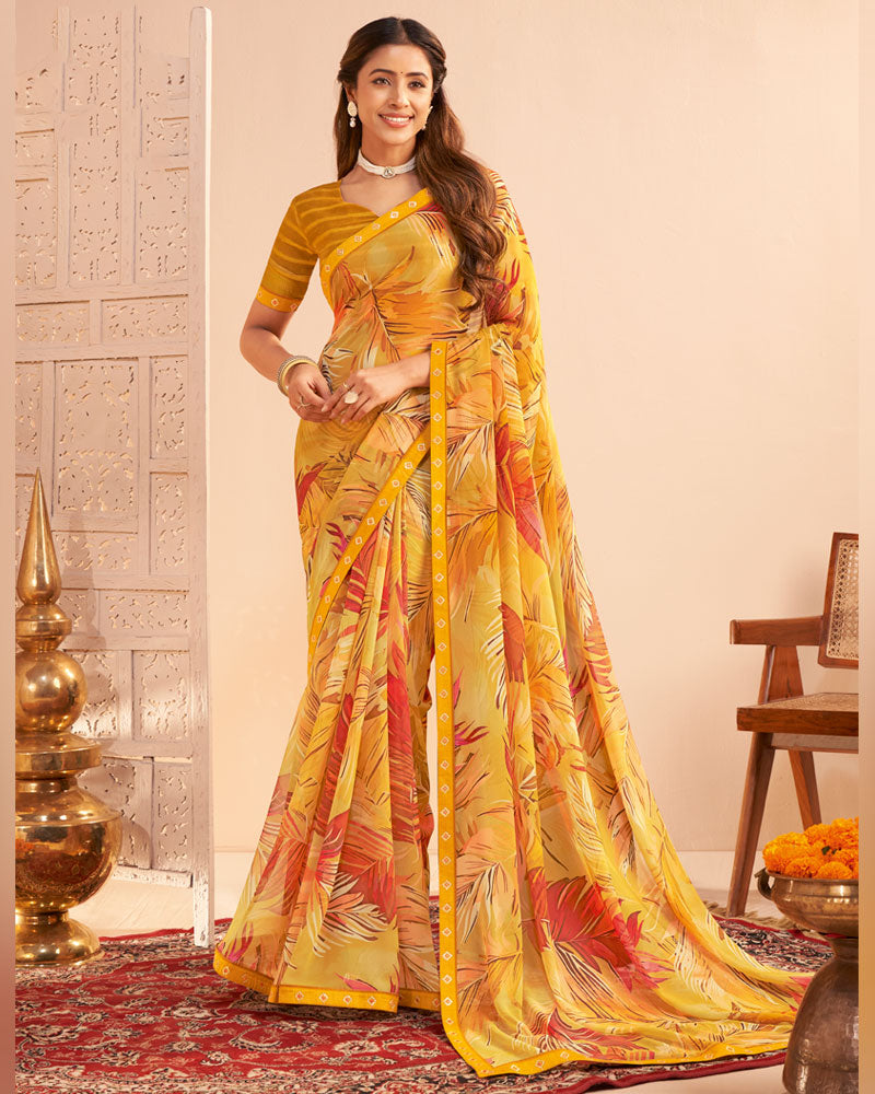 Vishal Prints Light Mustard Digital Print Georgette Saree With Fancy Embroidery Border