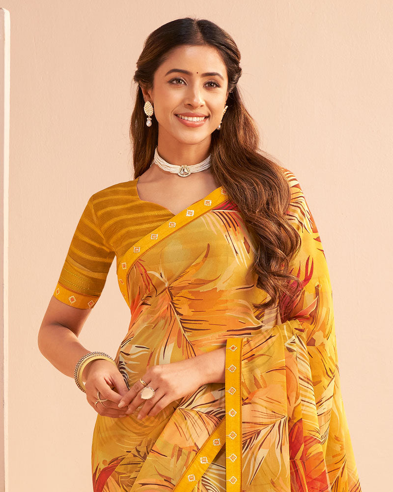 Vishal Prints Light Mustard Digital Print Georgette Saree With Fancy Embroidery Border