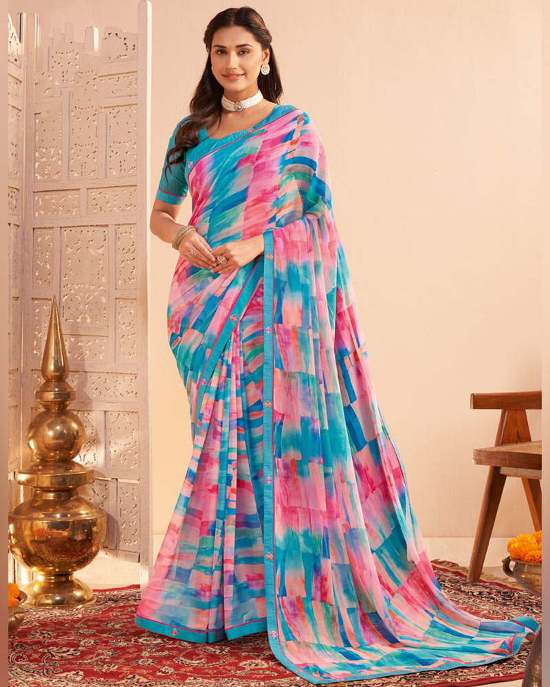 Vishal Prints Multicolour Blue Digital Print Georgette Saree With Fancy Embroidery Border