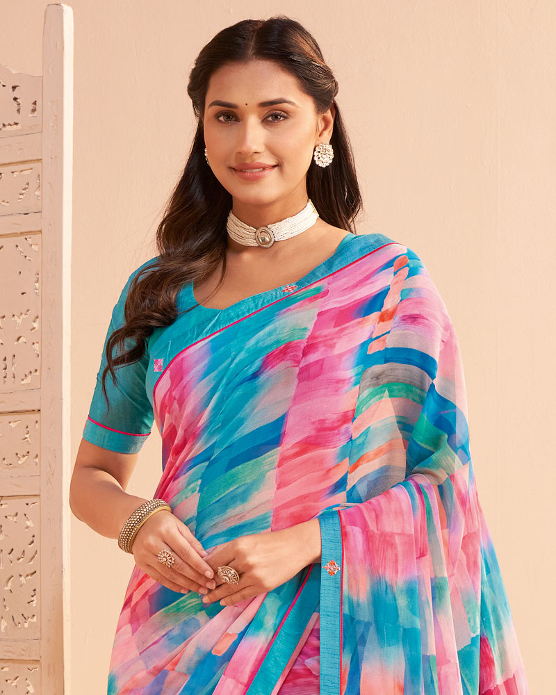 Vishal Prints Multicolour Blue Digital Print Georgette Saree With Fancy Embroidery Border