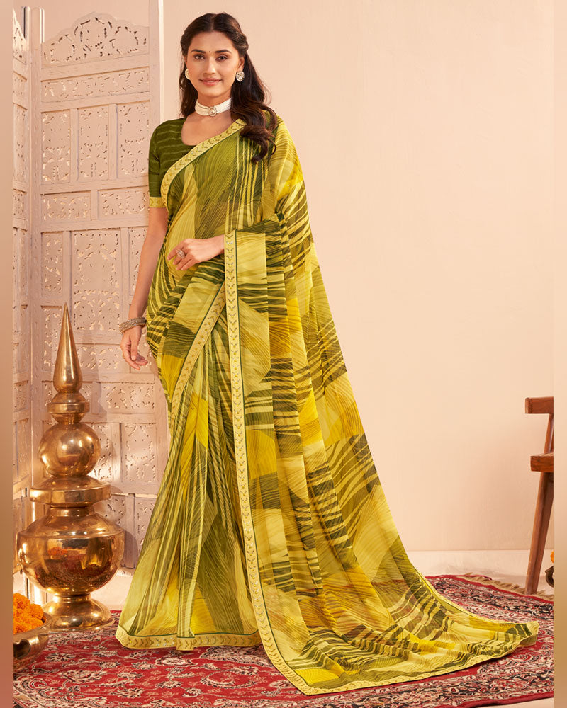 Vishal Prints Pale Light Yellow Digital Print Georgette Saree With Fancy Embroidery Border