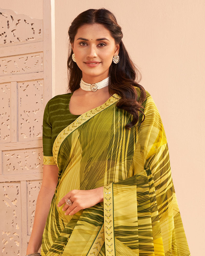 Vishal Prints Pale Light Yellow Digital Print Georgette Saree With Fancy Embroidery Border