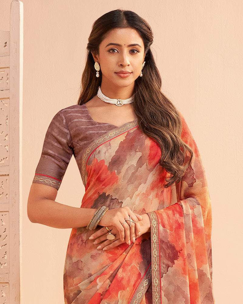 Vishal Prints Orange Brown Digital Print Georgette Saree With Fancy Embroidery Border