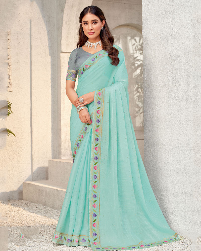 Vishal Prints Pastel Teal Blue Designer Organza Saree With Diamond Work And Embroidery Border