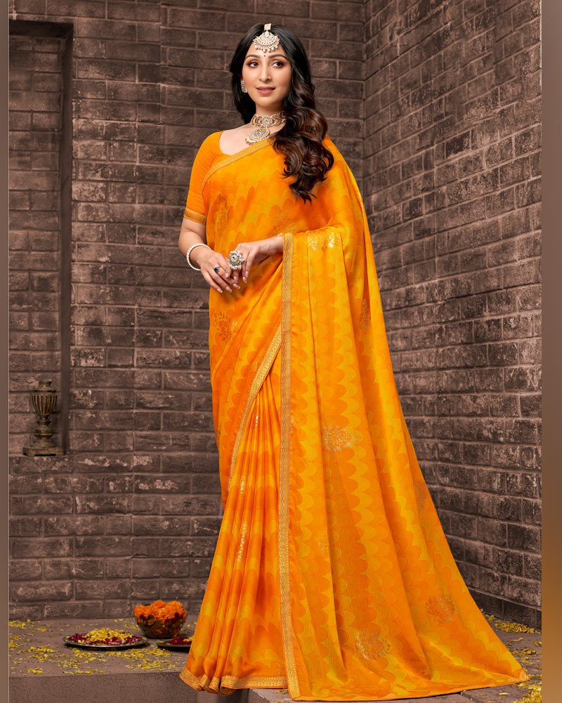Vishal Prints Yellowish Orange Printed Chiffon Saree With Foil Print And Zari Border