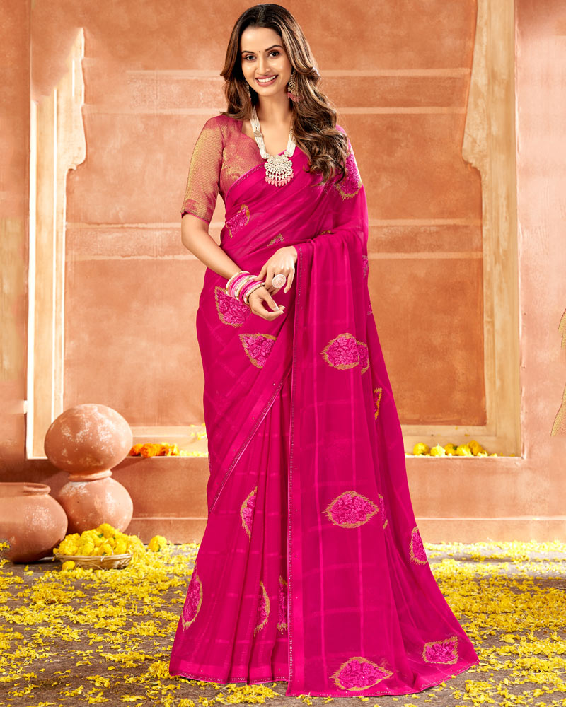 Vishal Prints Hot Pink Designer Georgette Saree With Embroidery And Di