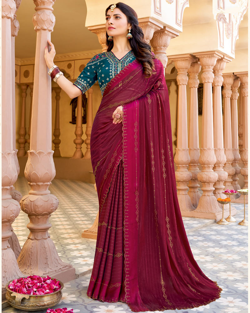 Vishal Prints Purple Red Designer Fancy Chiffon Saree With Diamond Work And Weaved Satin Patta Cut Work Border