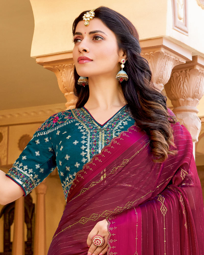Vishal Prints Purple Red Designer Fancy Chiffon Saree With Diamond Work And Weaved Satin Patta Cut Work Border