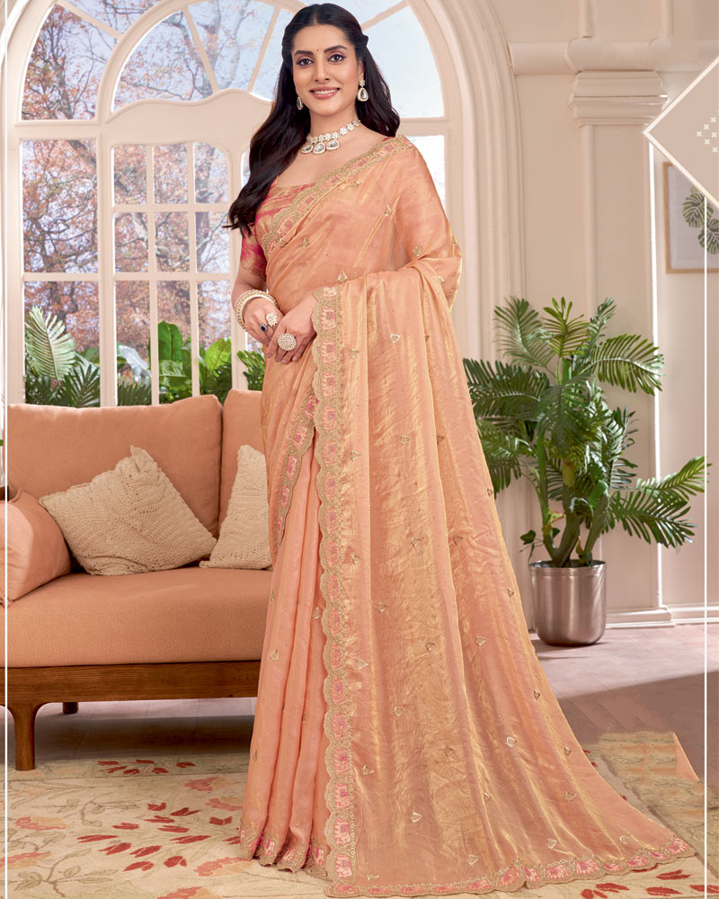 Vishal Prints Light Pastel Orange Designer Fancy Satin-Chiffon Saree With Embroidery-Diamond Work And Cut Work Border