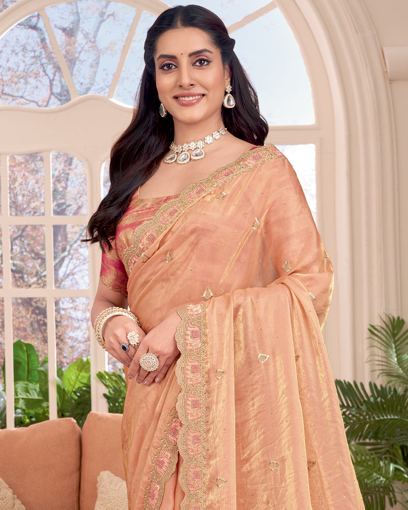 Vishal Prints Light Pastel Orange Designer Fancy Satin-Chiffon Saree With Embroidery-Diamond Work And Cut Work Border