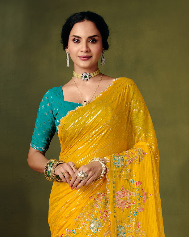 Vishal Prints Dark Yellow Designer Patterned Chiffon Saree With Embroidery-Diamond Work And Cut Work Border