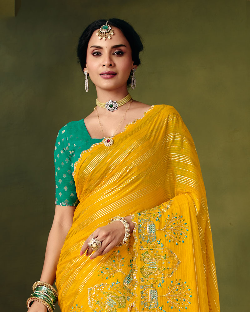 Vishal Prints Chrome Yellow Designer Patterned Chiffon Saree With Embroidery-Diamond Work And Cut Work Border