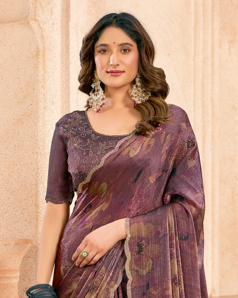Vishal Prints Dark Mauve Designer Satin-Chiffon Digital Print Saree With Diamond Work And Cut Work Border