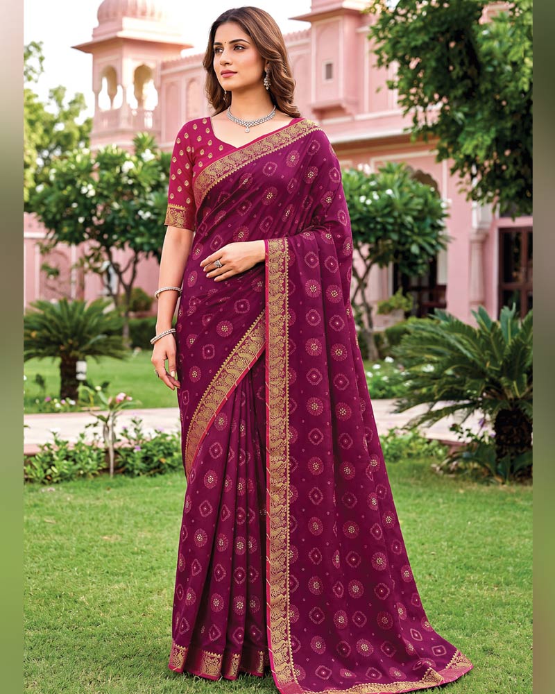 Vishal Prints Dark Wineberry Traditional Print Georgette Saree With Mirror Work And Zari Border