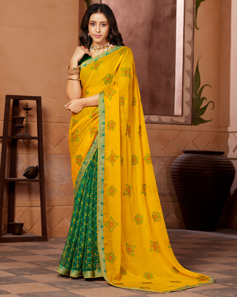 Vishal Prints Golden Yellow Designer Chiffon Saree With Embroidery Wor