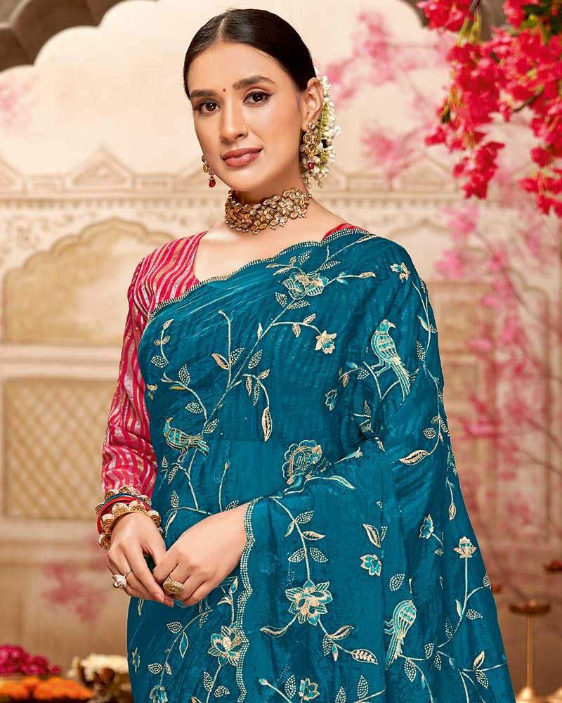Vishal Prints Peacock Blue Designer Tissue Organza Saree With Embroidery-Diamond Work And Cut Work Border