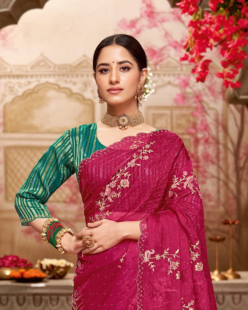 Vishal Prints Purplish Red Designer Tissue Organza Saree With Embroidery-Diamond Work And Cut Work Border