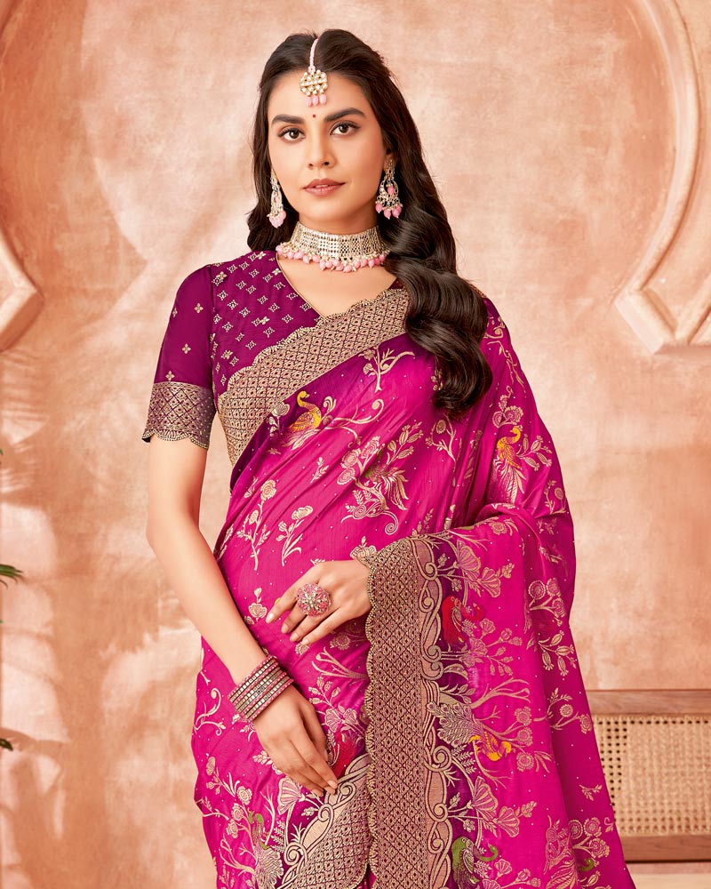 Vishal Prints Dark Deep Rose Designer Dola Silk Saree With Weaving-Diamond Work And Cut Work Border