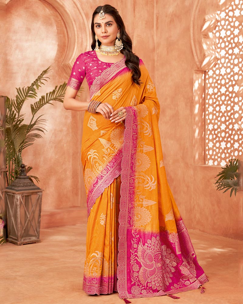 Vishal Prints Pastel Orange Designer Dola Silk Saree With Weaving-Diamond Work And Cut Work Border