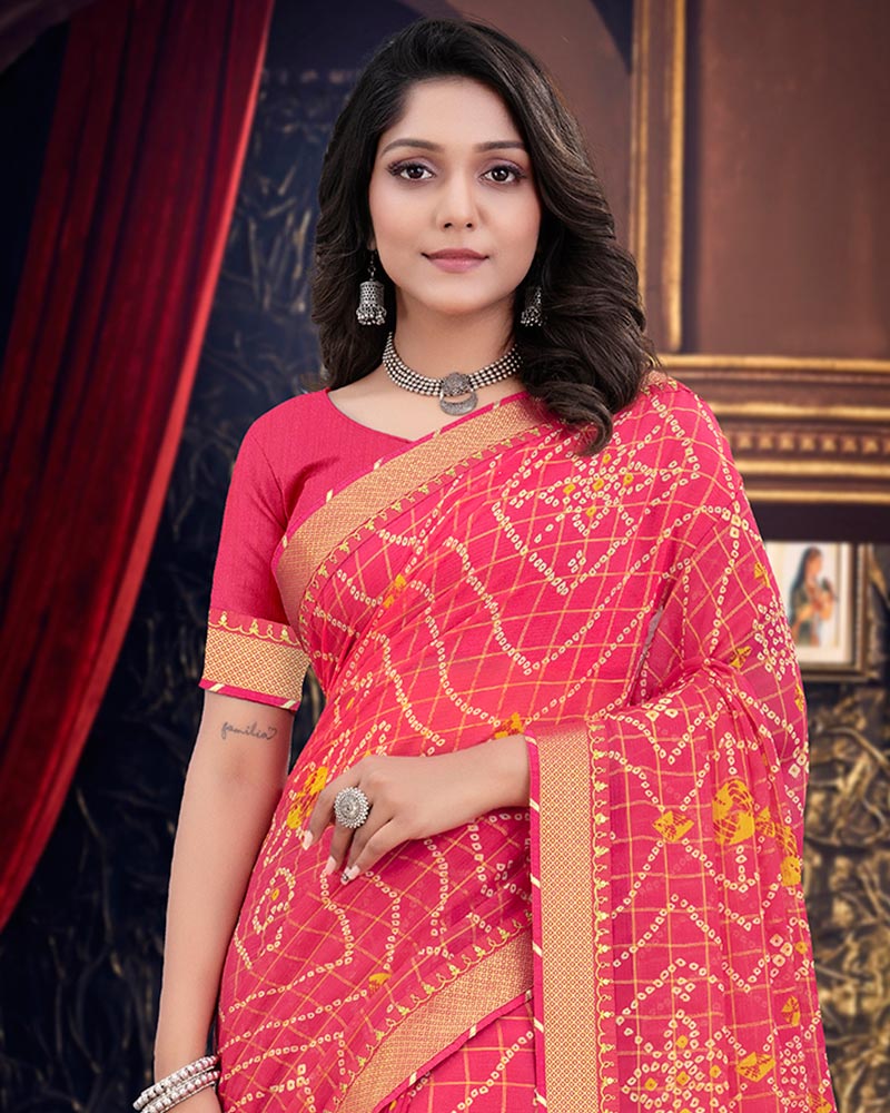 Vishal Prints Amaranth Pink Bandhani Print Chiffon Saree With Zari Border