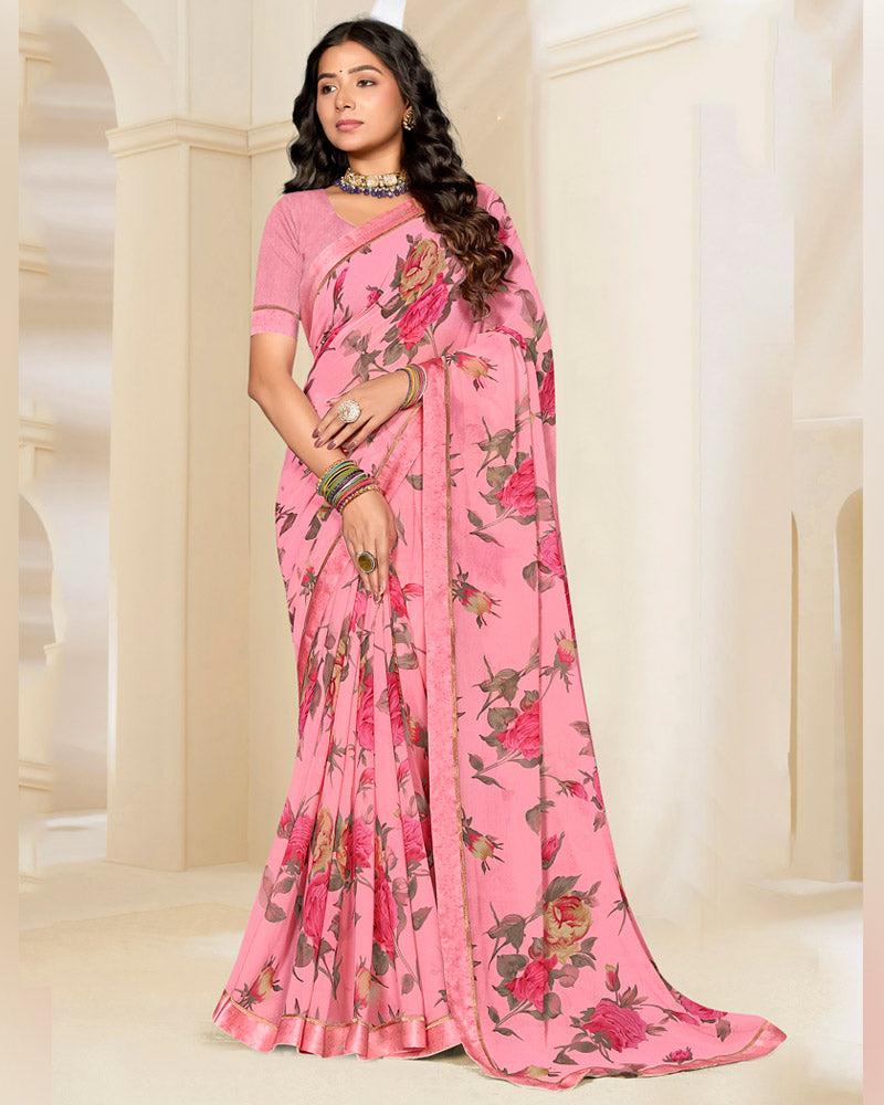 Vishal Prints Flamingo Pink Printed Georgette Saree With Satin Border