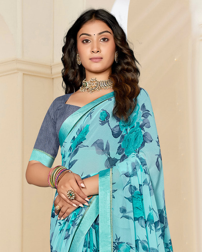 Vishal Prints Pastel Aqua Blue Printed Georgette Saree With Satin Border