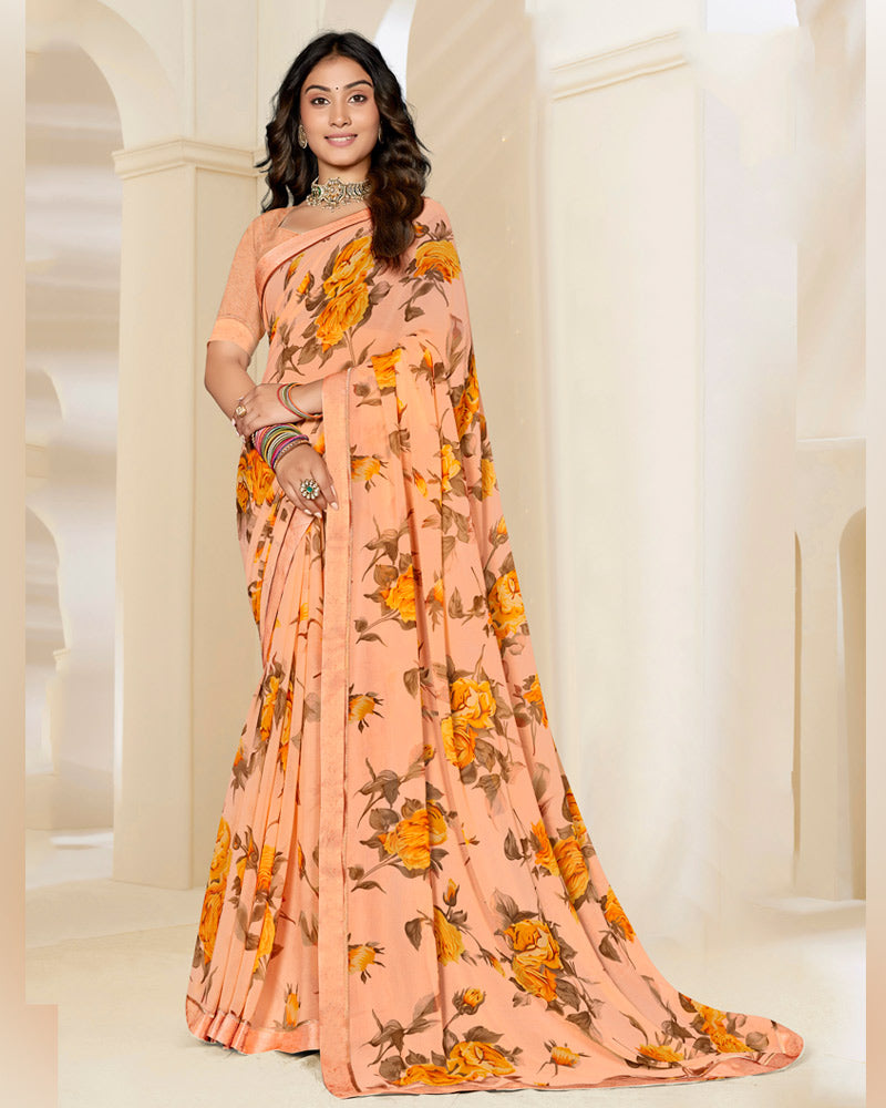 Vishal Prints Pastel Salmon Orange Printed Georgette Saree With Satin Border