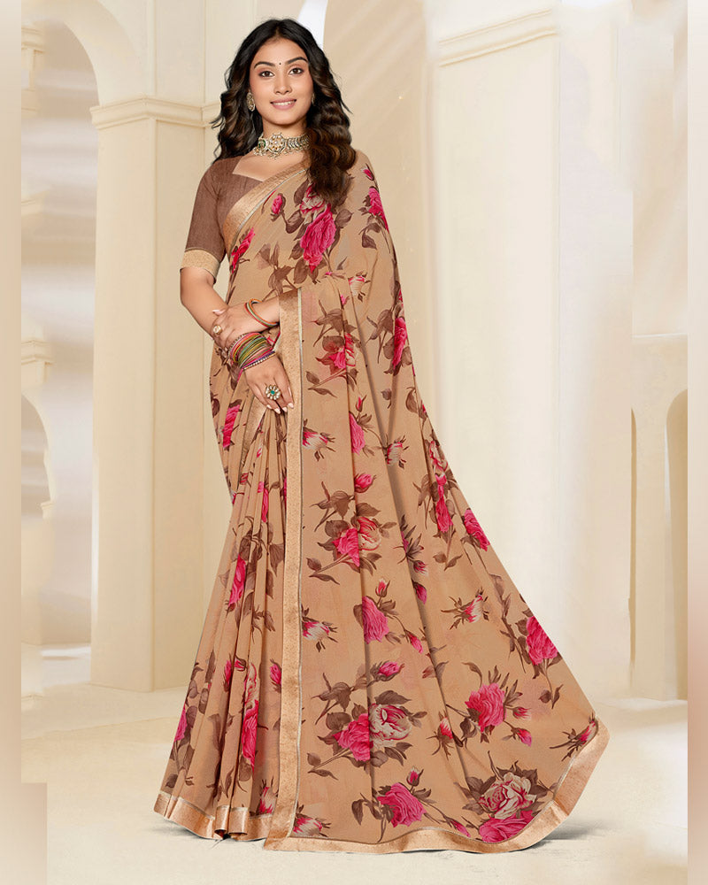 Vishal Prints Light Orangey Brown Printed Georgette Saree With Satin Border