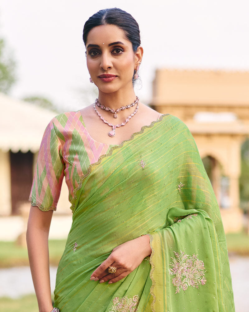 Vishal Prints Olivine Green Designer Chiffon-Viscose Saree With Embroidery-Diamond Work And Cut Work Border