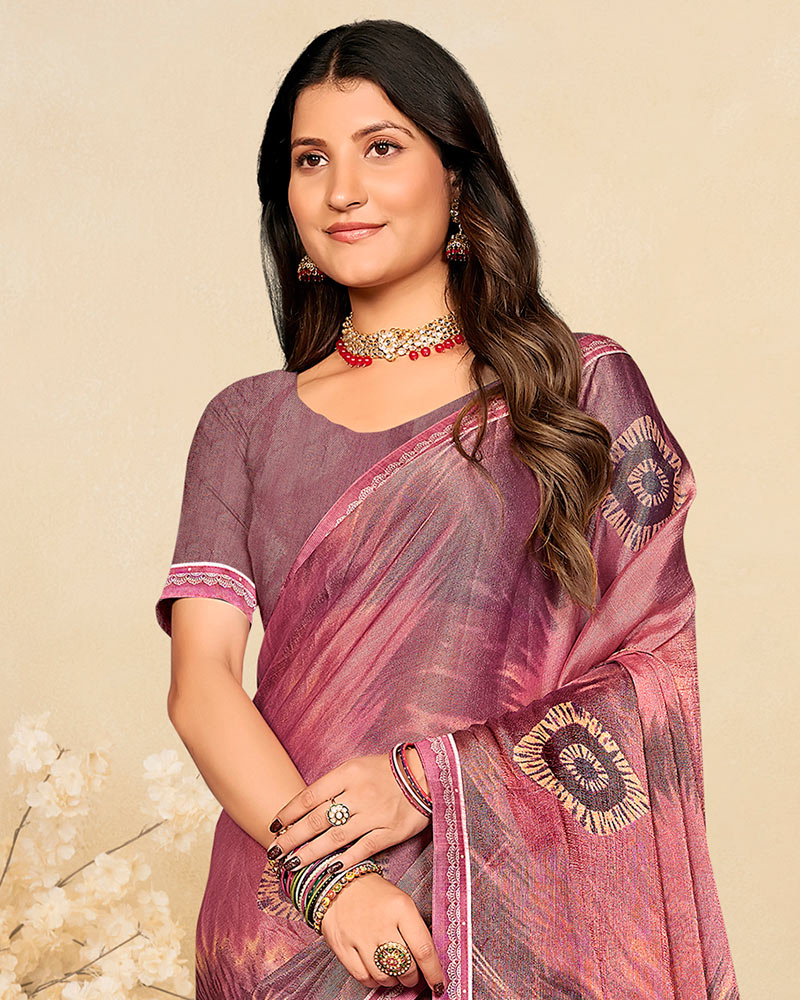 Vishal Prints Brownish Pink Printed Brasso Saree With Fancy Border