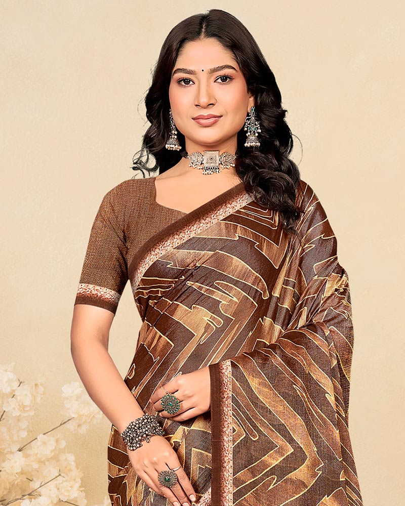 Vishal Prints Metallic Brown Printed Brasso Saree With Fancy Border