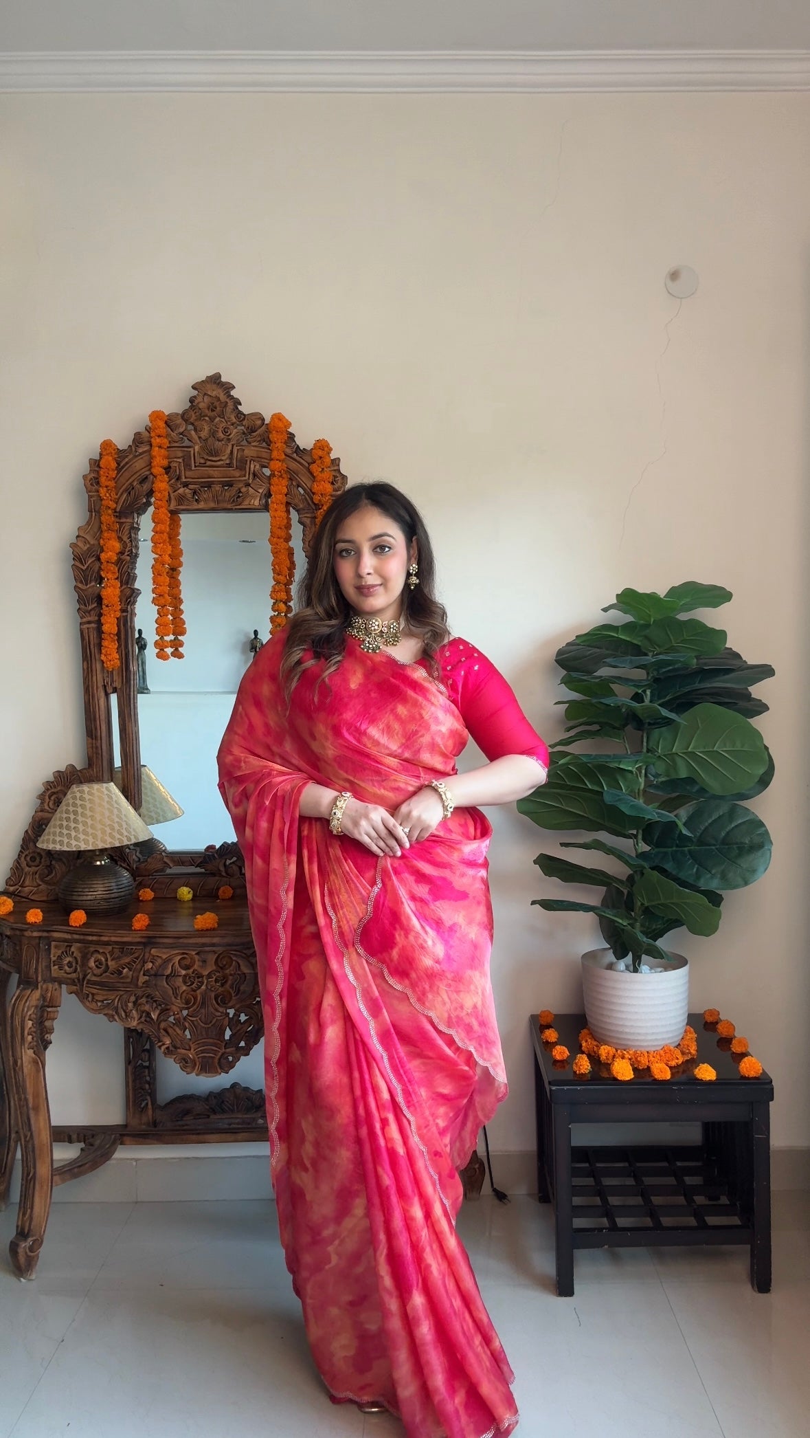 Vishal Prints Pinkish Red Satin-Chiffon Digital Print Saree With Cut Work Diamond Border