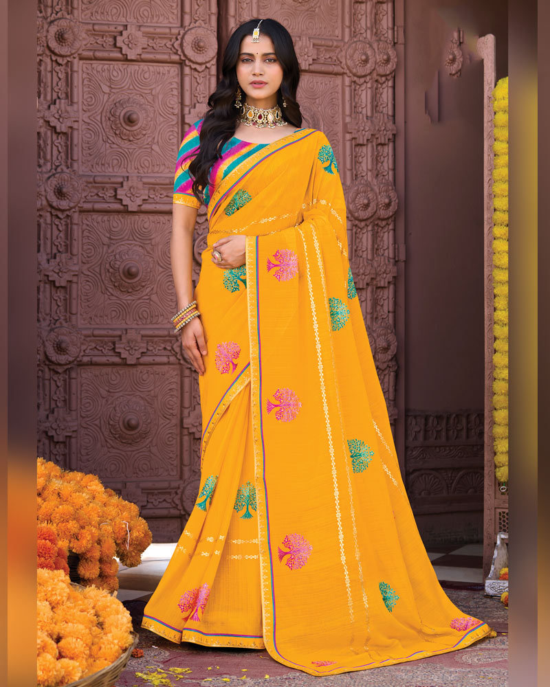 Vishal Prints Sunshade Yellow Designer Fancy Chiffon Saree With Embroidery-Diamond Work And Fancy Border