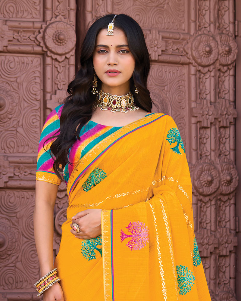 Vishal Prints Sunshade Yellow Designer Fancy Chiffon Saree With Embroidery-Diamond Work And Fancy Border