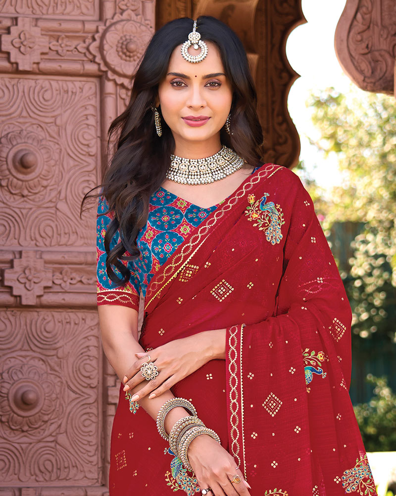 Vishal Prints Dark Brick Red Designer Fancy Chiffon Saree With Embroidery-Diamond Work And Fancy Border