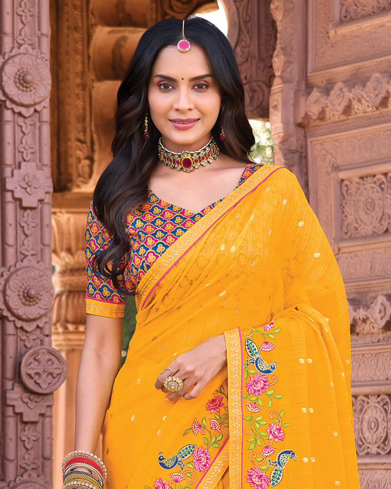 Vishal Prints Yellowish Orange Designer Fancy Chiffon Saree With Embroidery-Diamond Work And Fancy Border