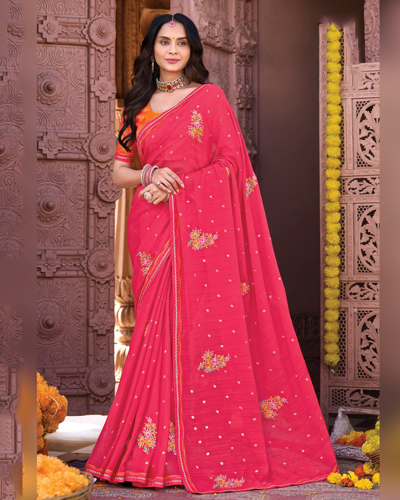 Vishal Prints Radical Pink Designer Fancy Chiffon Saree With Embroidery-Diamond Work And Fancy Border